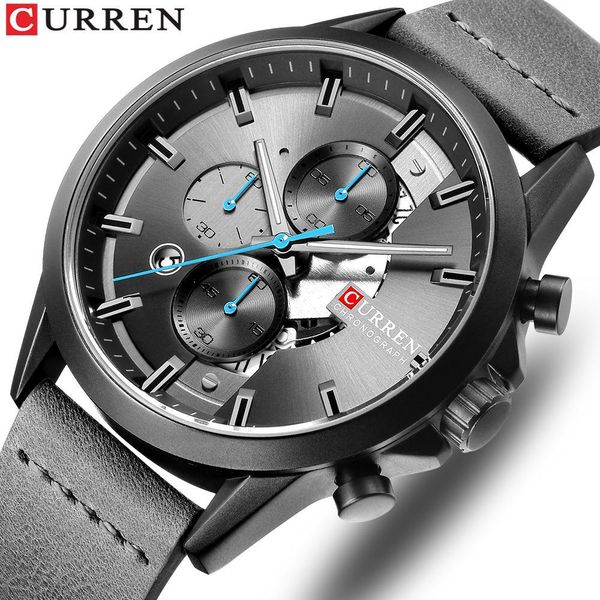 

men's sports watch with chronograph curren 2019 leather strap watches fashion quartz wristwatch business calendar clock male, Slivery;brown
