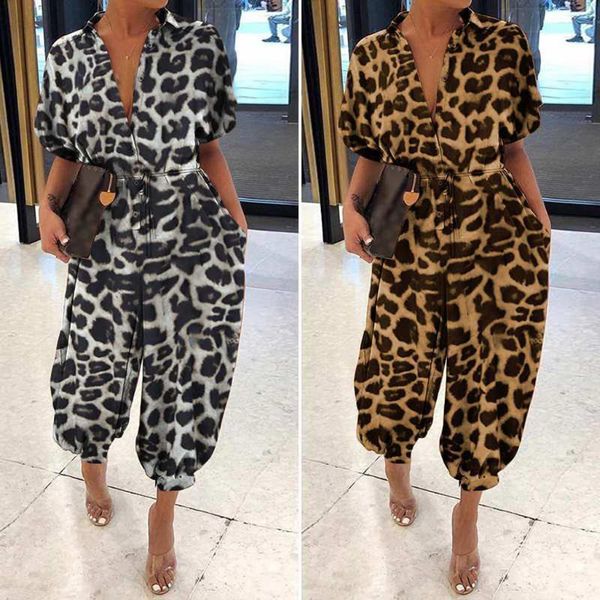 

2020 v-neck button lace-up jumpsuit summer short sleeve loose playsuit overalls women elegant leopard print pocket rompers, Black;white