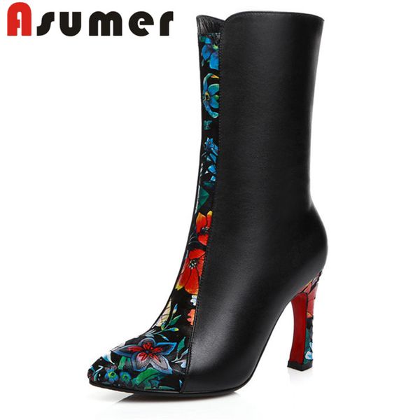 

asumer 2018 new unique mid calf boots for women thick heels genuine leather boots fashion solid high heels size34-39, Black