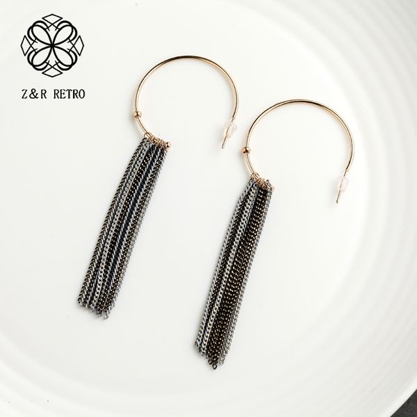 

women fashion hoop earrings with tassel sweet half round earrings punk simple big black blue tassel 2020 hollow circle, Golden;silver