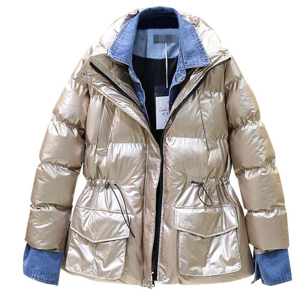 

women winter jacket korean new glossy denim splice down cotton clothing loose thick bread service women parka padded jacket tide, Black