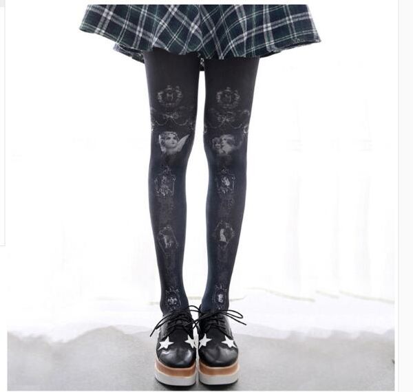 

vintage lolita pantyhose dark angel printed pantyhose, Black;white