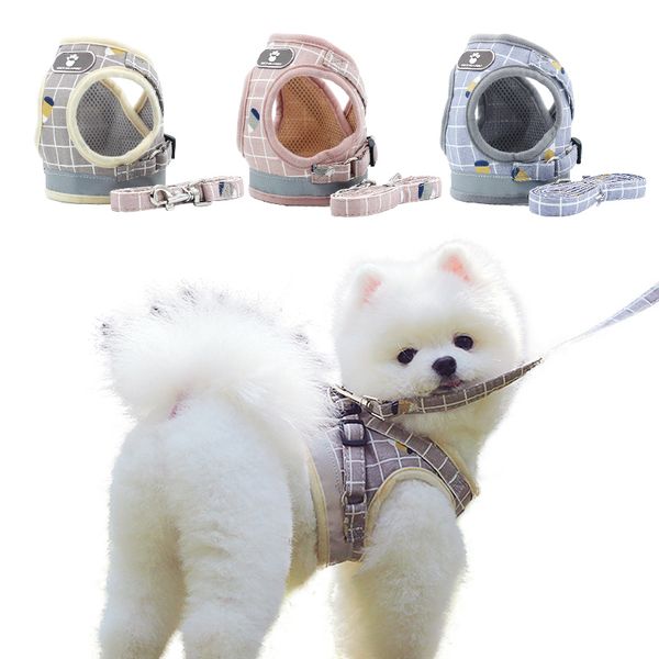 

dog harness with leash adjustable vest walking supplies soft breathable plaid collar dog accessories for small medidum large dog
