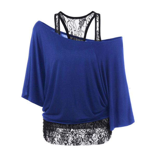 

womens clothing woman shirt womens shirts summer 2pcs sets loose vest lace stitching inclined shoulder bat sleeve blue plus size 5xl, White