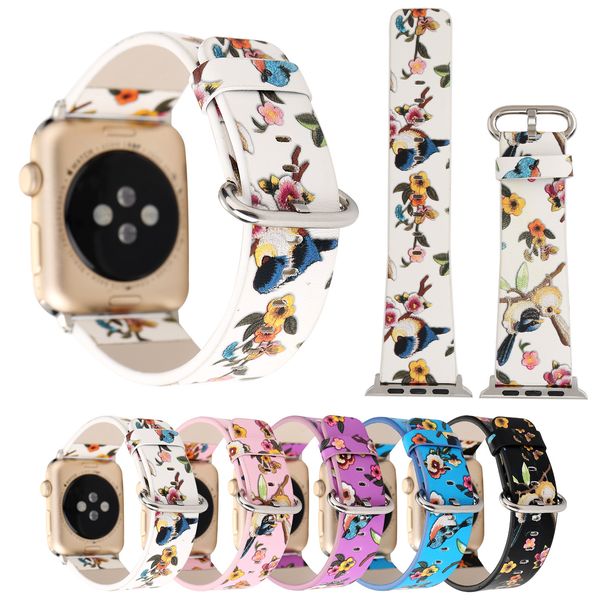 

for apple watch bands wristband smart straps 38/40mm 42/44mm designer luxury wristband bird language floral leather belt iwatch series 54321, Black;brown