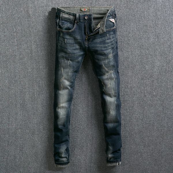 

vintage designer men jeans slim fit white washed ripped jeans men denim distressed pants retro color fashion classical, Blue