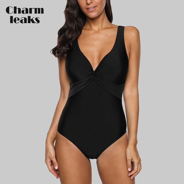 

charmleaks women one-piece high waist swimwear front cross swimsuit bodysuit solid ruched monokini, White;black