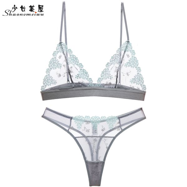 

shaonvmeiwu embroidery lace transparent underwear women's ultra-thin undergarment without steel ring perspective t-string b, Red;black