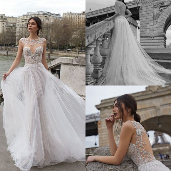 

julie vino свадебные платья 2019 года жемчужное кружевное платье без рукавов аппликация свадебные платья с открытой спиной и скользящим шлей, White