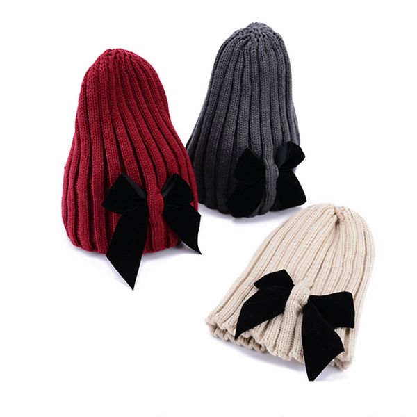 

1pcs winter knitted hats for female fashion leisure bow caps solid color black gray red beanies beanies outdoor warmed windproof, Blue;gray