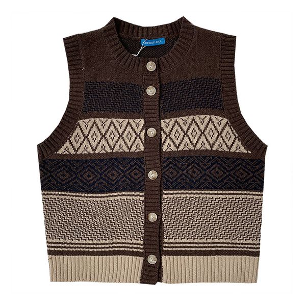 

perhaps u women vest sweater crew neck knitted cardigan sleeveless brown khaki striped geometric winter preppy style m0230, Black;white