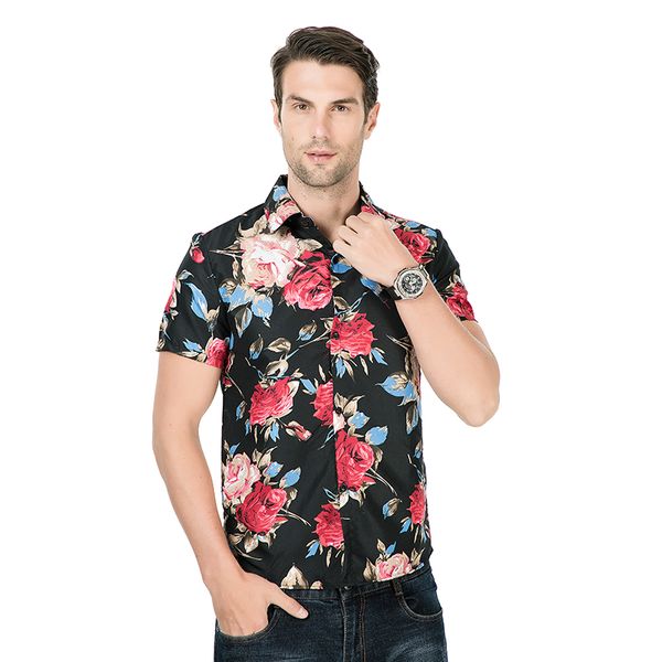 

mens cotton 100% casual short sleeve floral shirt mens printing shirts, White;black