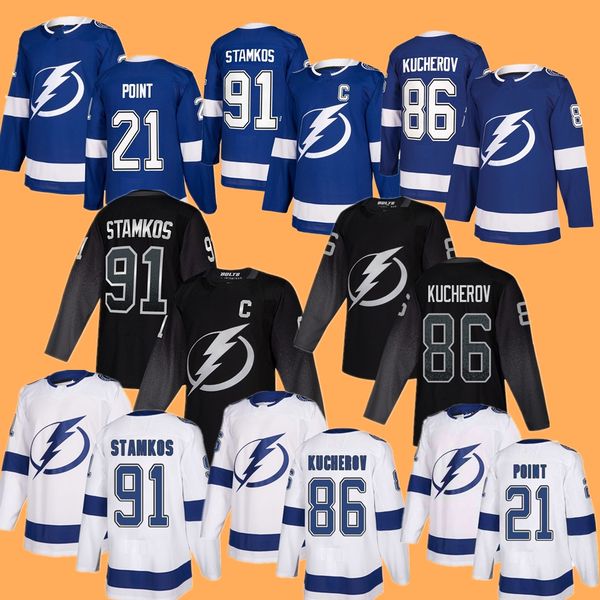 

2019 New Tampa Bay Lightning Jerseys 86 Nikita Kucherov 21 Brayden Point 91 Steven Stamkos Jersey Home Away Blue White Size S-3XL