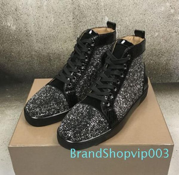 

with box 2019 fashion luxury designer men women rhinestone high shoes famous designer brand red bottom sneakers mens shoes with box, Black