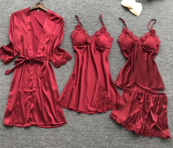

women's sleepwear plus size 4 pcs women pajamas sets summer pyjama satin lace with chest pad, Black;red