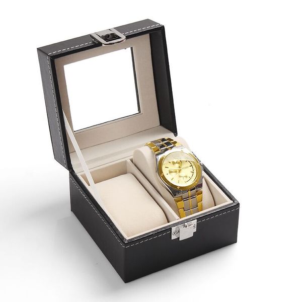 

luxury high grade elegant 2 slots mens& womens leather glossy lacquer watch box&case glass organizer gift watch box, Black;blue