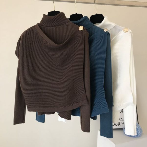 

2019 autumn and winter button cape + high neck solid color knitwear two piece set sweater women's casual knitted shirt, White;black
