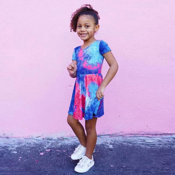 

toddler baby girls short sleeve rainbow tie-dyed print princess dress 12m-5t summer floral dress fashion children clothing, White