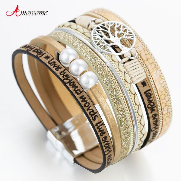 

amorcome tree of life women leather bracelet jewelry ladies fashion multilayer bohemian wrap wide bracelets & bangles, Golden;silver