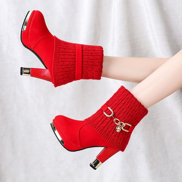 

plus size 35-43 super high heels boots for women shoes 2019 winter plush warm ankle boots knitted snow botas mujer 7656, Black