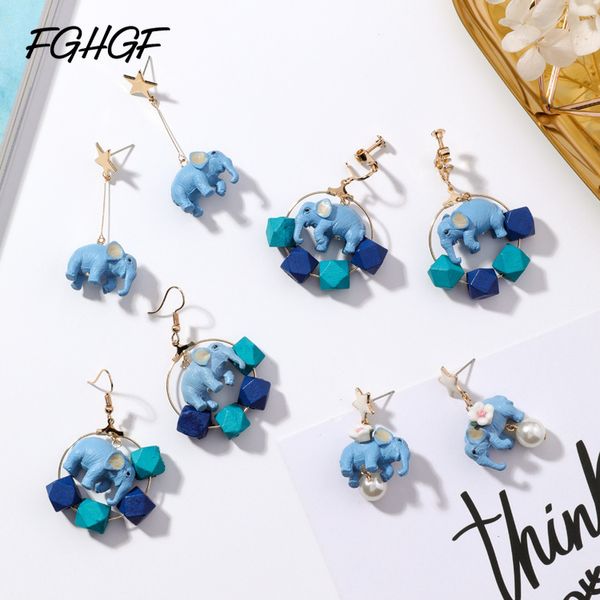 

childlike vintage cartoon blue elephant animal drop earrings geometric wood circle dangle earring for women girl fashion jewelry, Silver