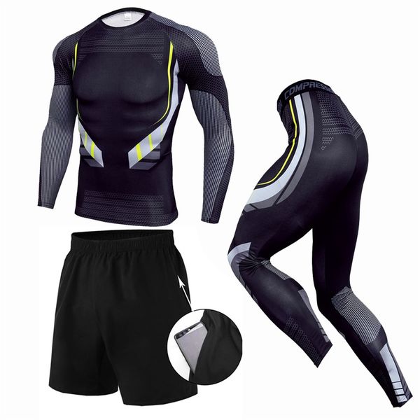 

men's 3 piece sports suit trend compression men's tight-fitting quick-drying sportswear suit running shirt + pants + shorts, Black;blue