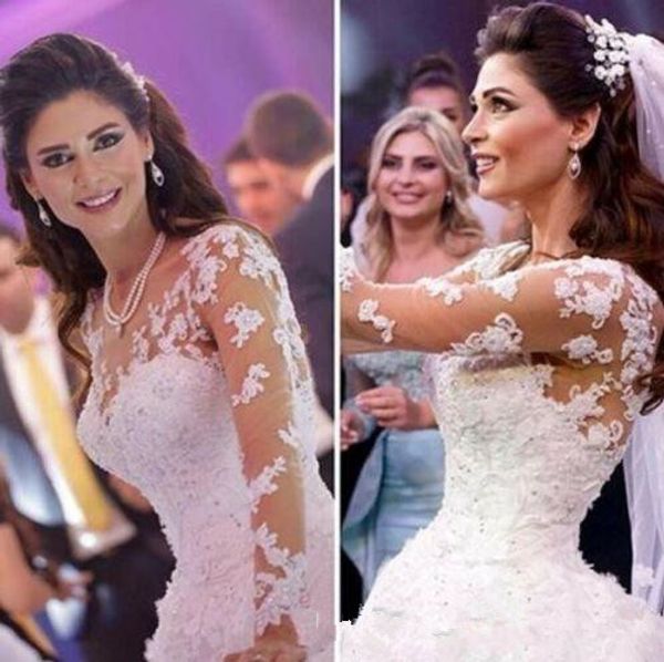 

long sleeve lace sheer neck wedding dresses 2019 luxury applique arabic dubai puffy skirt bridal castle garden church wedding gown, White