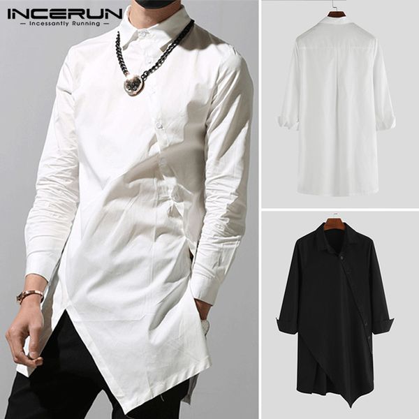 

2020men's turn down collar long irregular casual long sleeve shirts designed single-breasted black coat solid color incerun, White;black