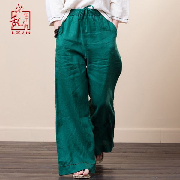 

lzjn women culottes wide leg pants 2020 summer long trousers elastic waist pockets solid 100% linen pants loose bottom plus size, Black;white