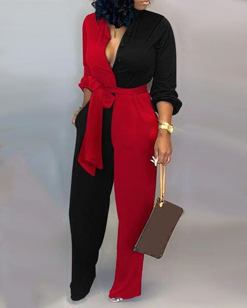 

colorblock long sleeve knotted jumpsuit women rompers casual one piece overalls, Black;white
