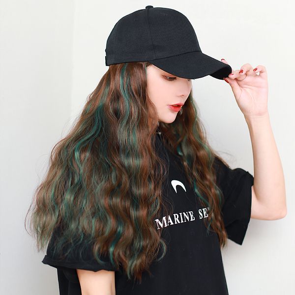 

baseball cap wig pick dyeing hair wavy long curly hair mix color internet celebrity wigs ventilation sunshade adjustable size, Black