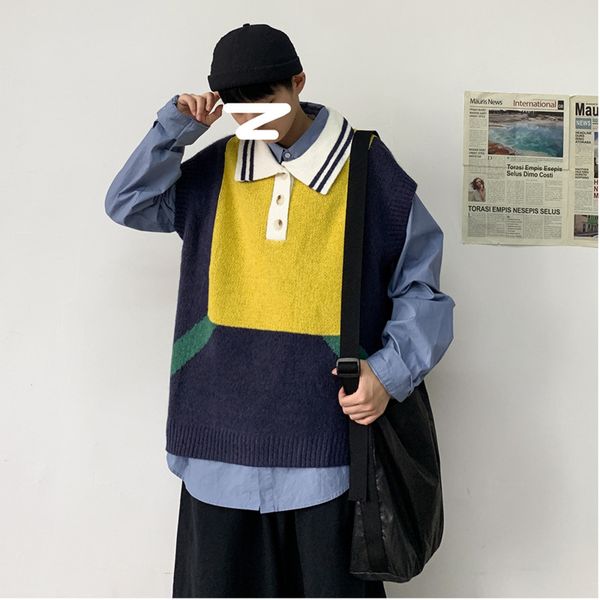 

2020 spring and autumn new youth shoulder sleeveless vest pullover fashion casual lapel colorblock sweater yellow / gray -2xl, White;black