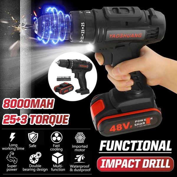 

2 battery 48v 3/8'' cordless rechargeable electric drill 2 speed impact hammer driver battery drill with 10pcs bits set