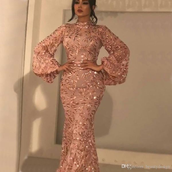 Abiti da ballo a sirena in pizzo oro rosa lucido Abiti da ballo con maniche lunghe Collo alto Appliques Abiti da sera Dubai Lunghezza pavimento Abito per la madre della sposa2665