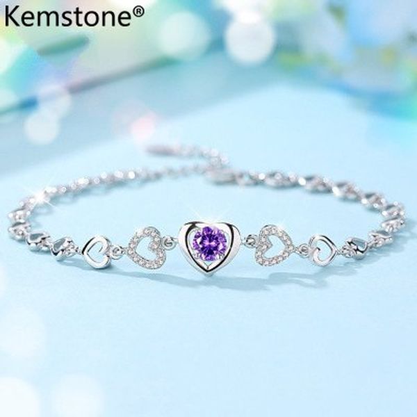 

kemstone sweet heart purple white cubic zirconia copper charm link bracelet jewelry gift for women, Golden;silver