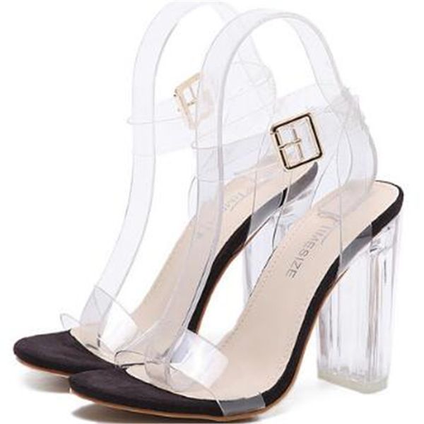 

sandals women ankle strap perspex high heels pvc clear crystal concise classic buckle quality shoes size35-42, Black