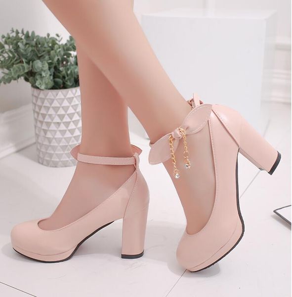 

korean bride shoes beige wedding dress shoes bow buckle round head high heels rough single shoes ladies high heels three colors select, Black