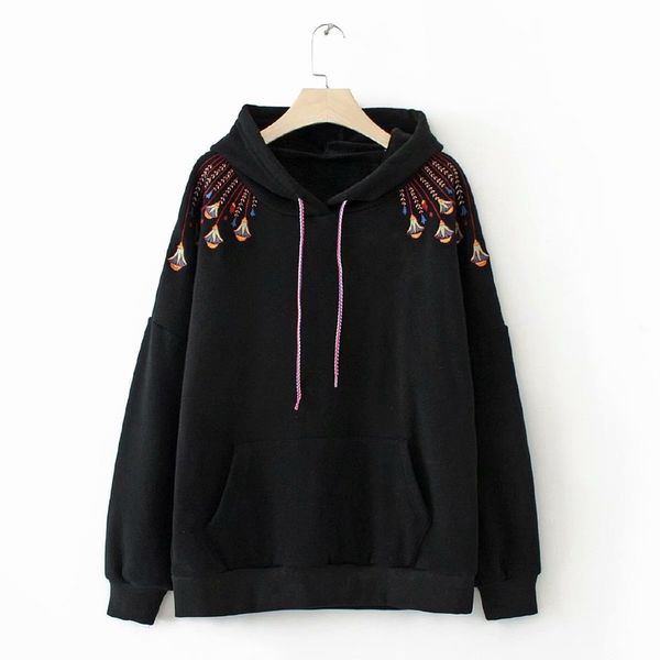 

plus size xl-3xl women's thicken hoodies floral embroidery pullover casual, Black