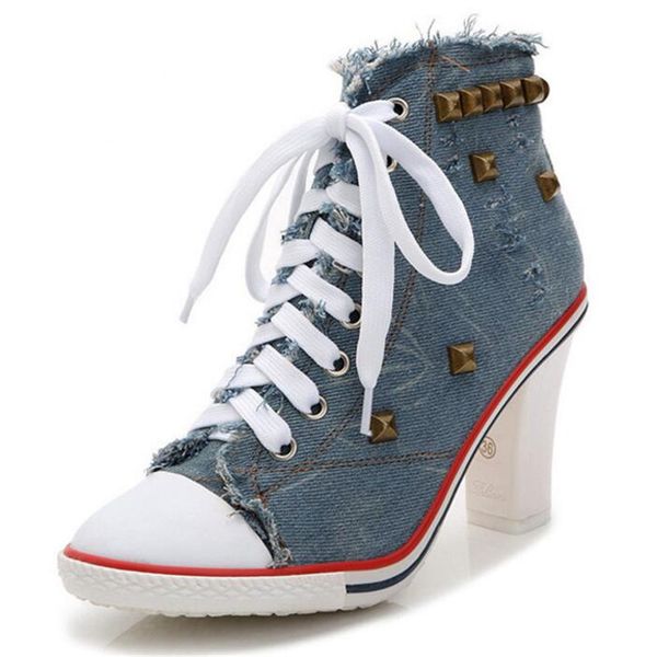 

women canvas shoes denim high heels rivets shoes fashion shoe laces sneakers women short boots, Black