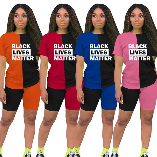 

black lives matter letters women shorts sets two piece t-shirt + shorts brand outfits casual summer patchwork tracksuit d6813, White
