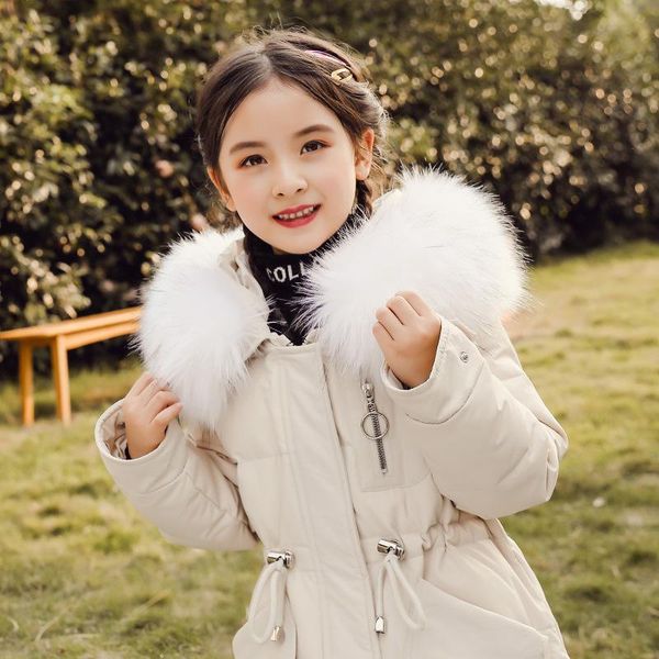 

дети пуховик девушки длинные корейский стиль сплошной цвет красный белый розовый зима с капюшоном пальто меховой воротник big kids snowwear, White