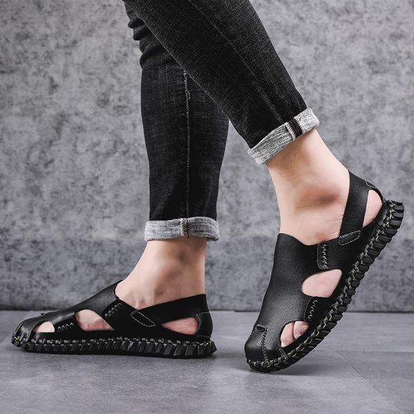

leather men sandals summer breathable quality beach slippers outdoor casual sneakers handamde outdoor roman beach shoes men, Black