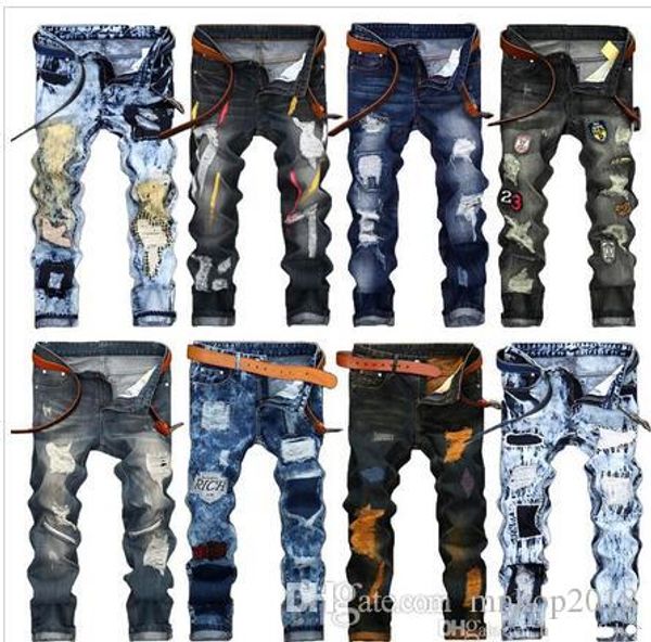 

2019 mens нового способа vintage разорванные джинсы штаны slim fit проблемные hip hop denim male новизна streetwear жан брюки горячие продаж, Blue
