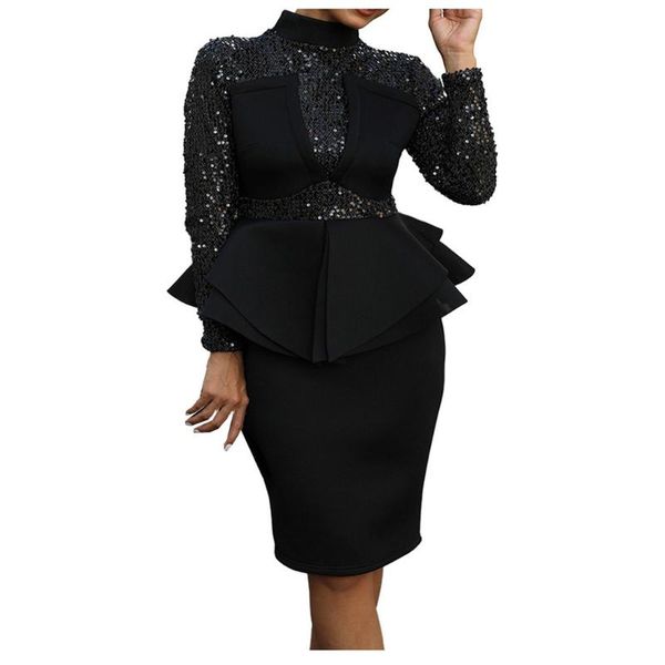 

2020 new cascading ruffles solid dress women fashion sequined bodycon dress women long sleeve mid vestidos#z30, Black;gray