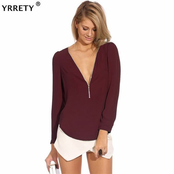 

yrrety women chiffon blouse 2019 v collar zipper large size long sleeves loose shirt blouse blusa feminina vestidos pus size, White
