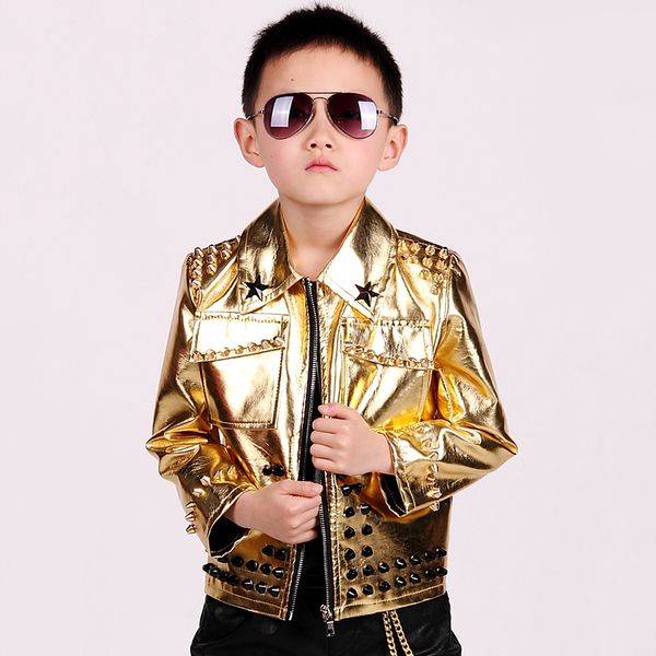 

хип-хоп костюм дети шипованное золотое пальто кожаная куртка мальчики джазовое представление одежда современный наряд детская сценическая од, Black;red