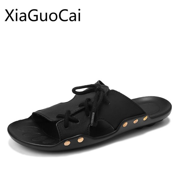 

новый мужские летних тапочки flat мужские открытого пляж плоских слайды мода кросс-привязали мужской повседневное лето тапочки, Black