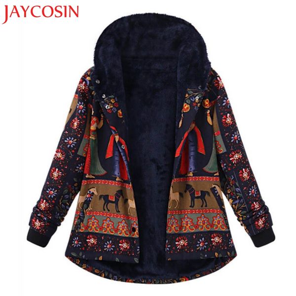 

2018 women winter loose cotton warm printed pockets thicker hasp hooded coat outweardropship 428, Black