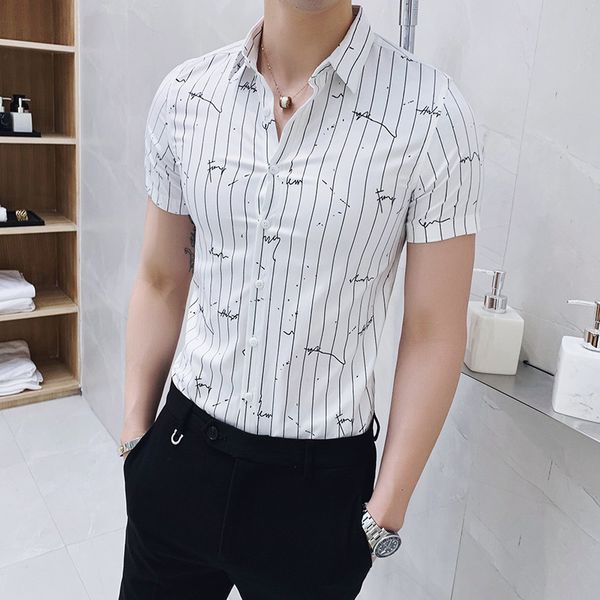 

men's casual shirts social striped slim fit all match streetwear blouse homme 3xl man work shirt men summer 2021 short sleeve, White;black