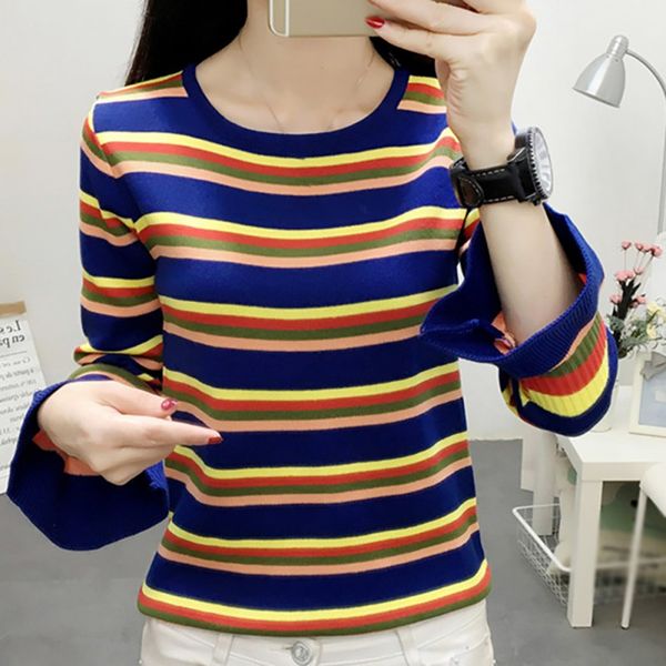 

autumn casual striped pullover sweater knitted o neck long sleeve bottoming slim flare sleeve women sweater x, White;black
